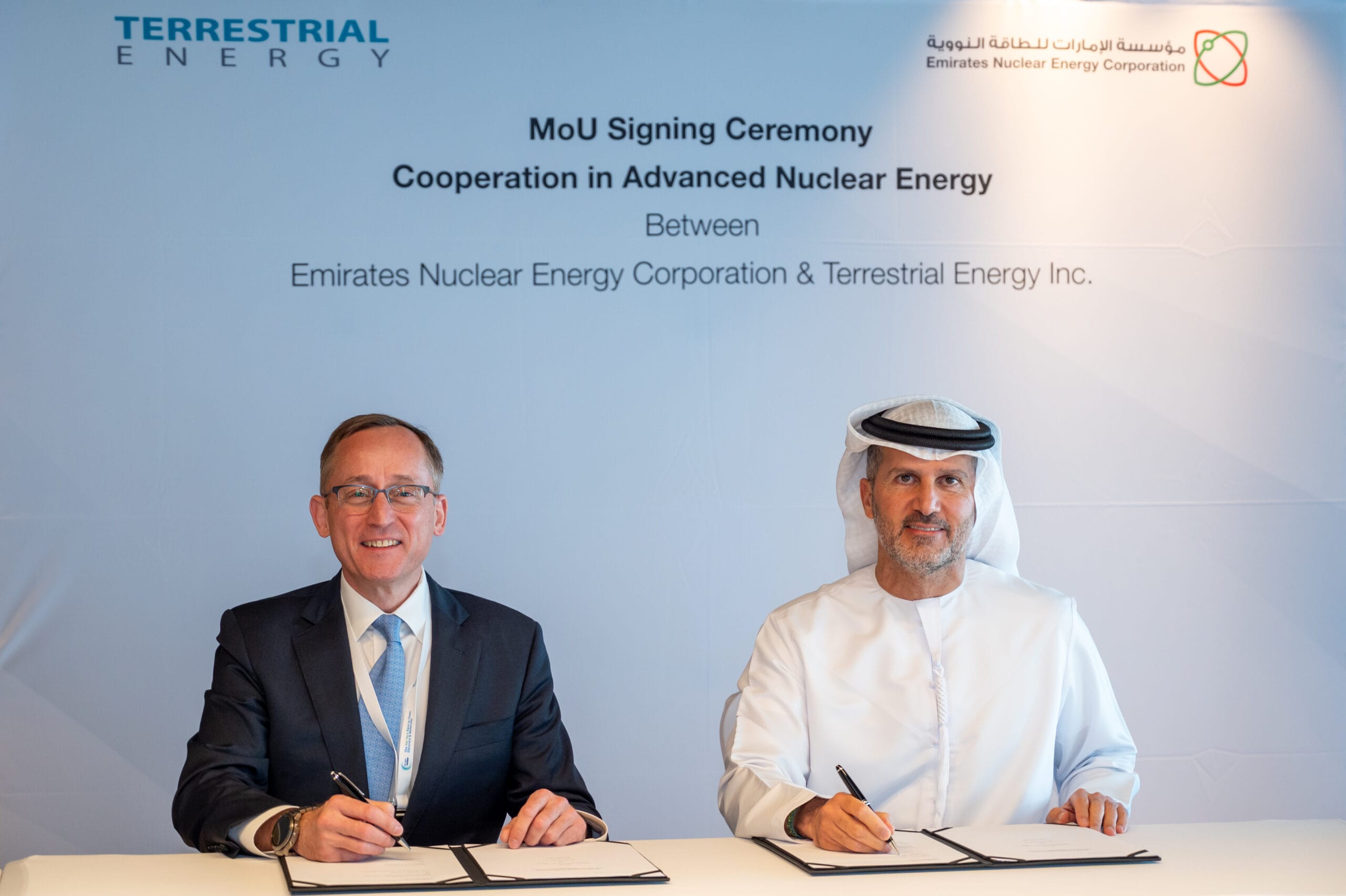 Image of Mohamed Al Hammadi, the Managing Director and CEO of Enec, and Simon Irish, the CEO of Terrestrial Energy